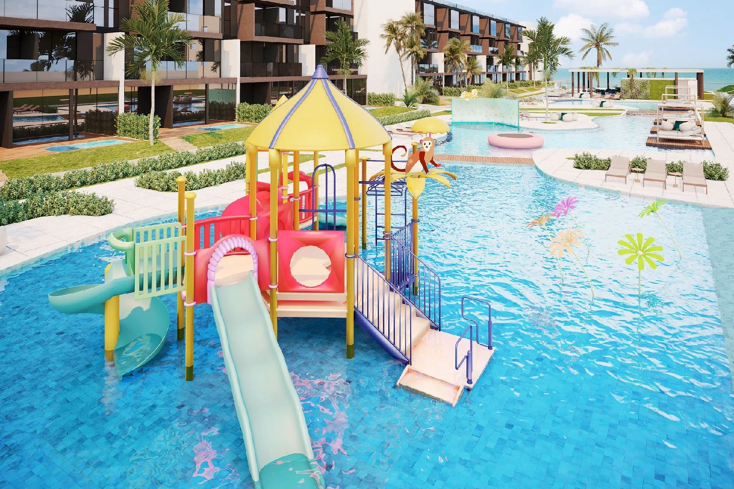 Complexo aquático com toboágua e brinquedos infantis
