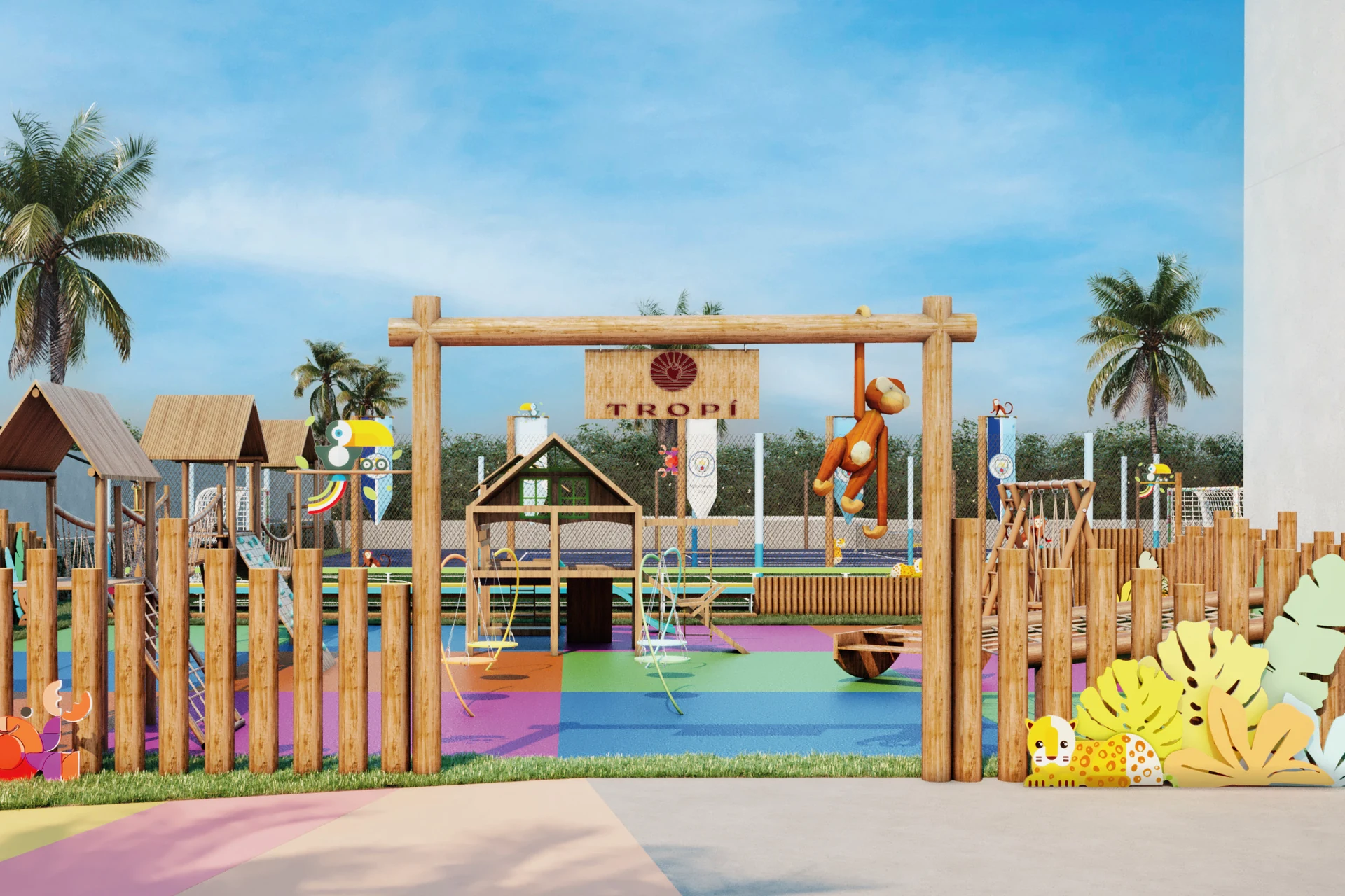 Área infantil temática com playground de madeira