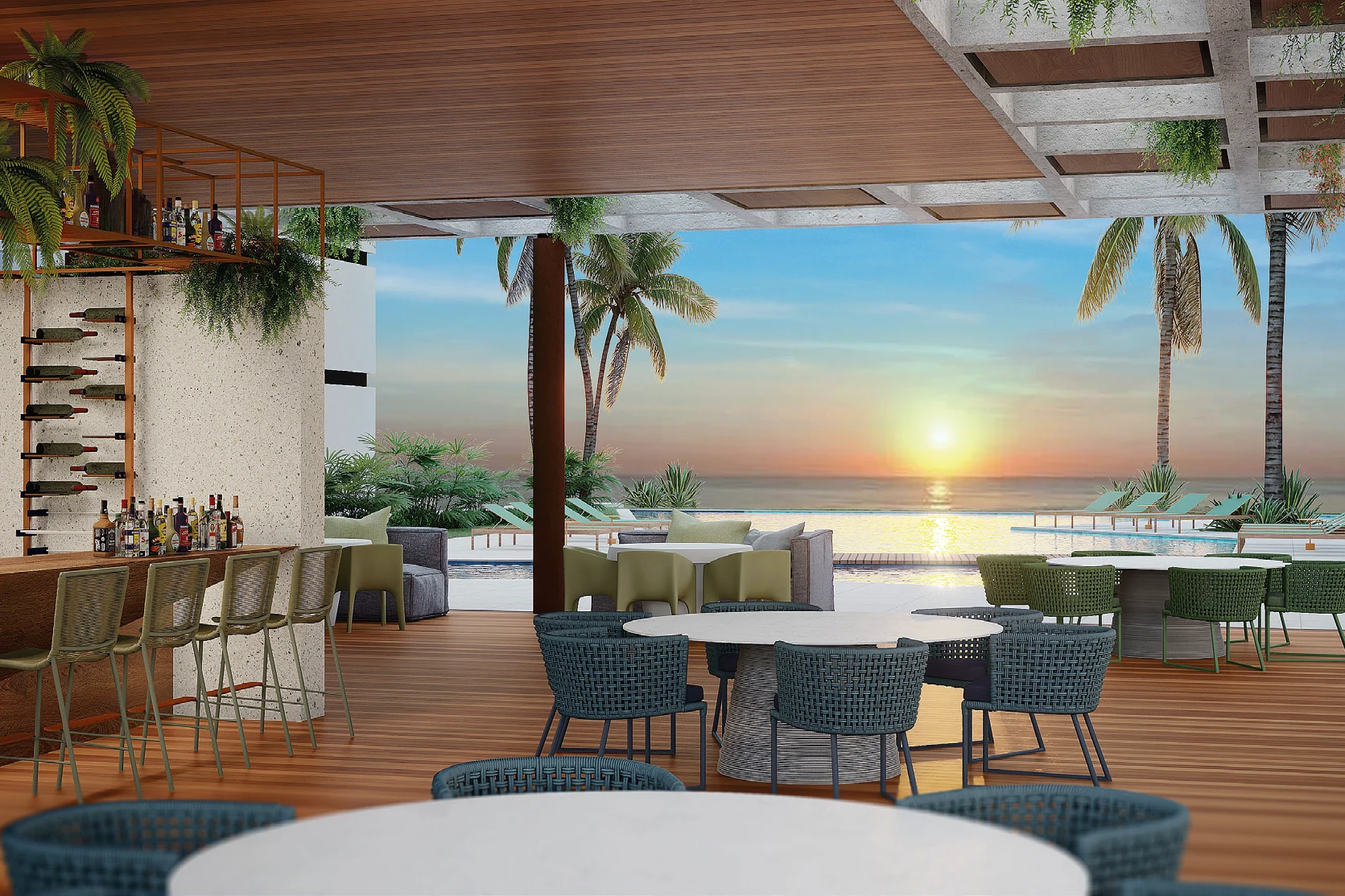 Lounge gourmet aberto para o mar no fim de tarde
