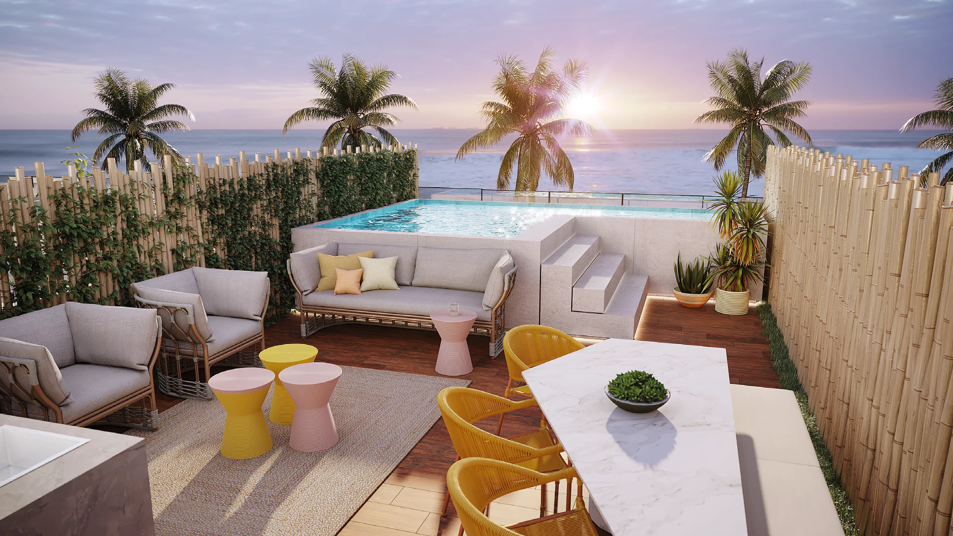 Rooftop com sofás, mesa e piscina, com o mar ao fundo no fim de tarde