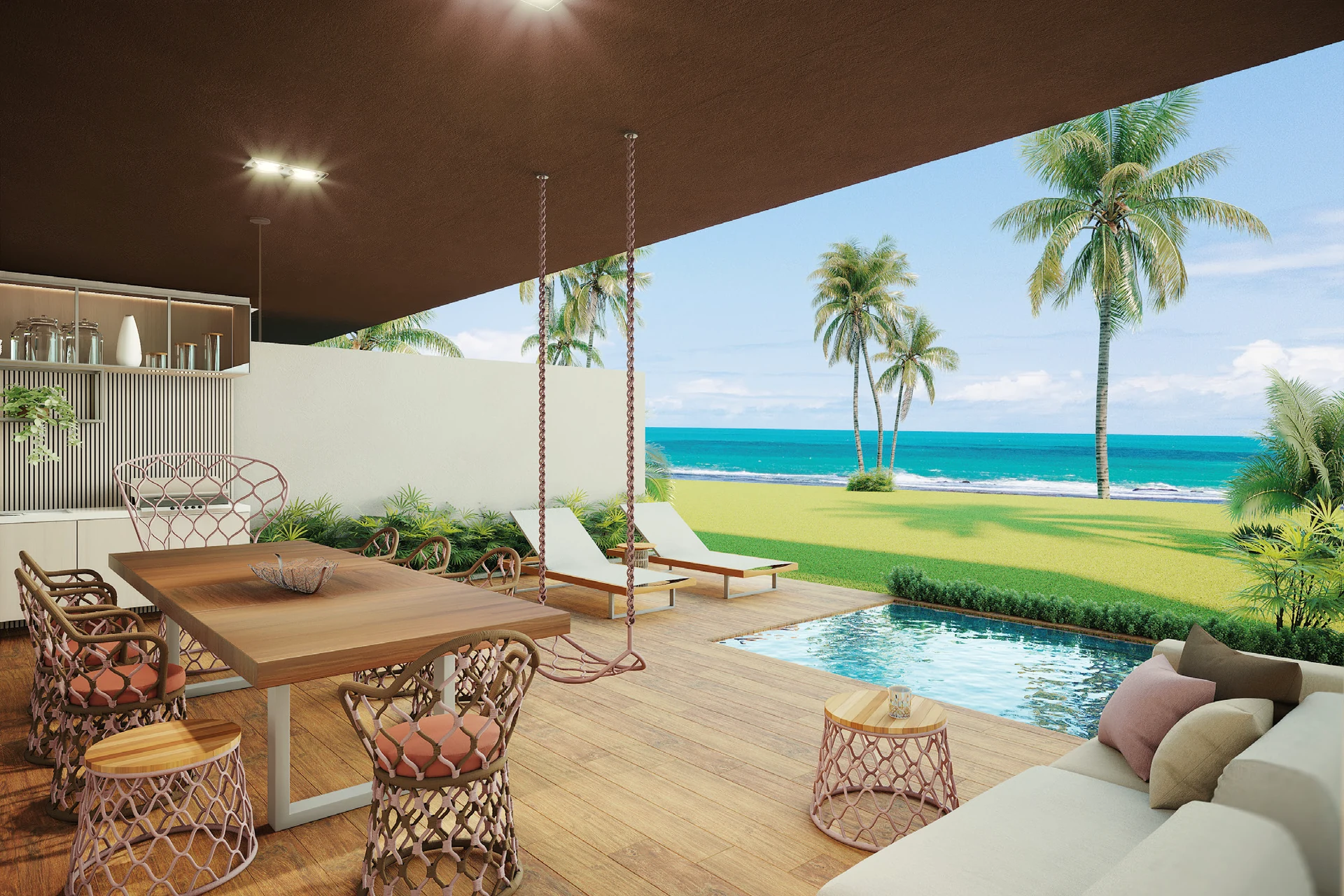 Terraço com piscina privativa e vista para o mar